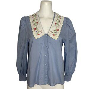 Rixo Lila Blouse S Cornflower Long Sleeve Button Up Embroidered Collar Prairie